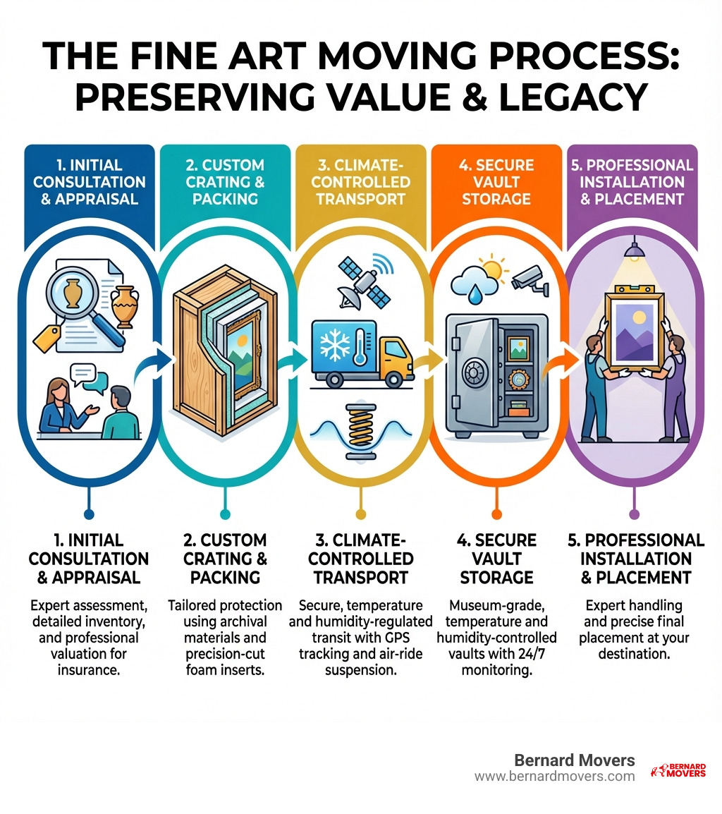 Infographic showing the fine art moving process: 1) Initial consultation and inventory with professional appraisal, 2) Custom crating with archival materials and foam inserts, 3) Climate-controlled transport with GPS tracking and air-ride suspension, 4) Secure storage in temperature and humidity-controlled vaults, 5) Professional installation and final placement - Fine art movers infographic Infographic showing the fine art moving process: 1) Initial consultation and inventory with professional appraisal, 2) Custom crating with archival materials and foam inserts, 3) Climate-controlled transport with GPS tracking and air-ride suspension, 4) Secure storage in temperature and humidity-controlled vaults, 5) Professional installation and final placement - Fine art movers infographic