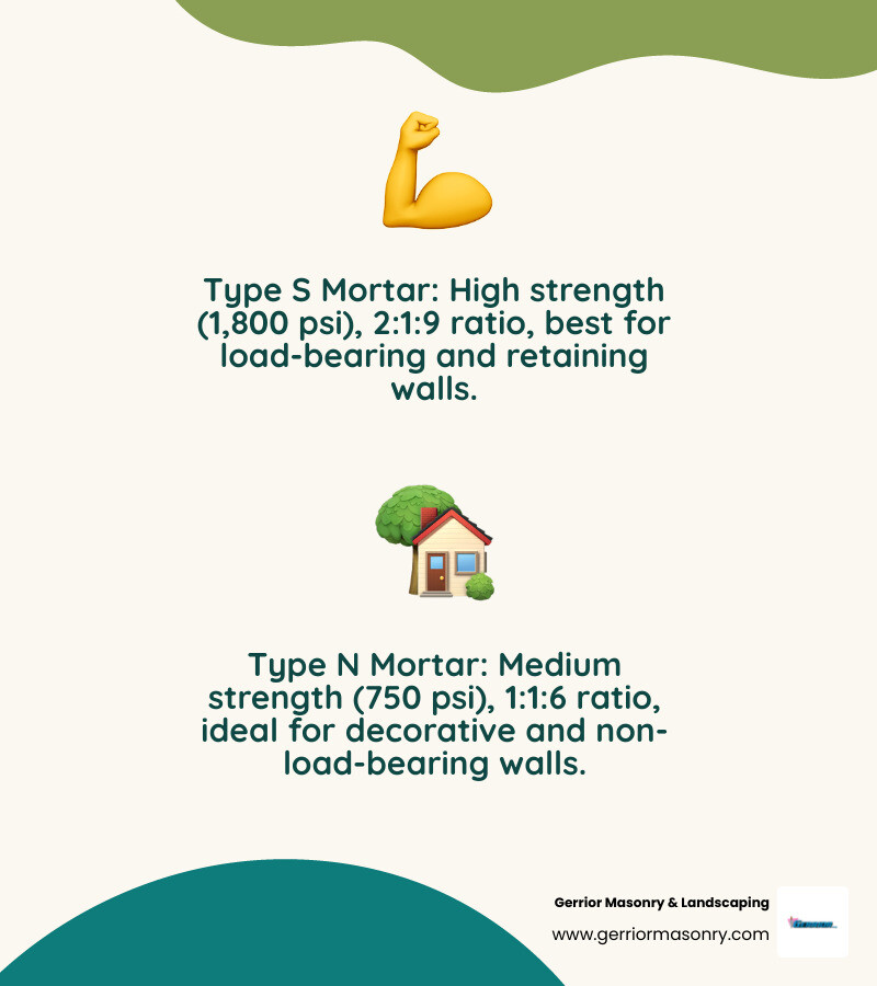 infographic showing Type S mortar (2 parts cement, 1 part lime, 9 parts sand, 1800 psi strength, for load-bearing and retaining walls) versus Type N mortar (1 part cement, 1 part lime, 6 parts sand, 750 psi strength, for decorative and non-load-bearing walls) with icons representing different wall applications - best mortar mix for rock wall infographic 2_facts_emoji_nature