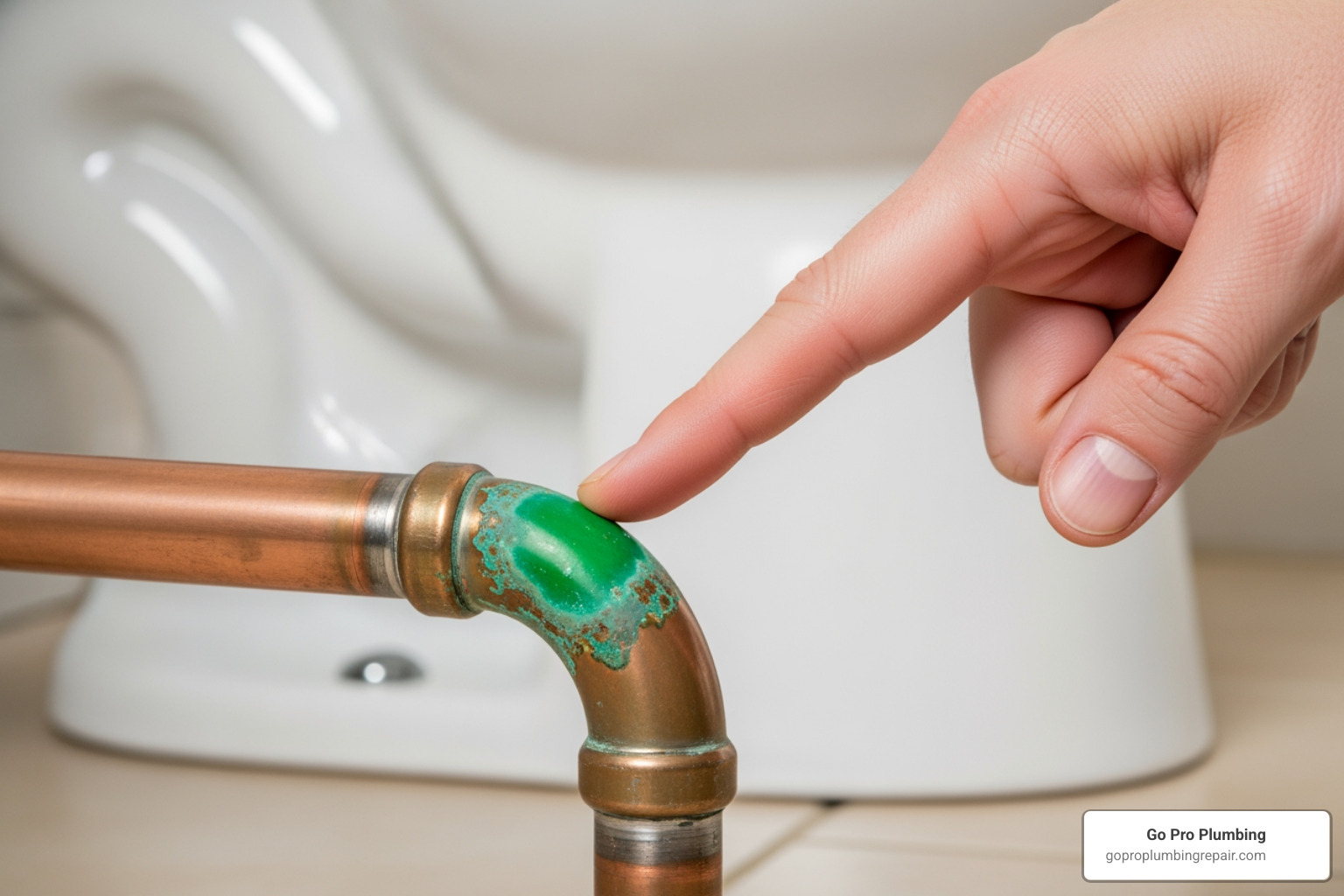 a hand pointing to a discolored green spot on a copper pipe near a toilet - toilet copper pipe leak