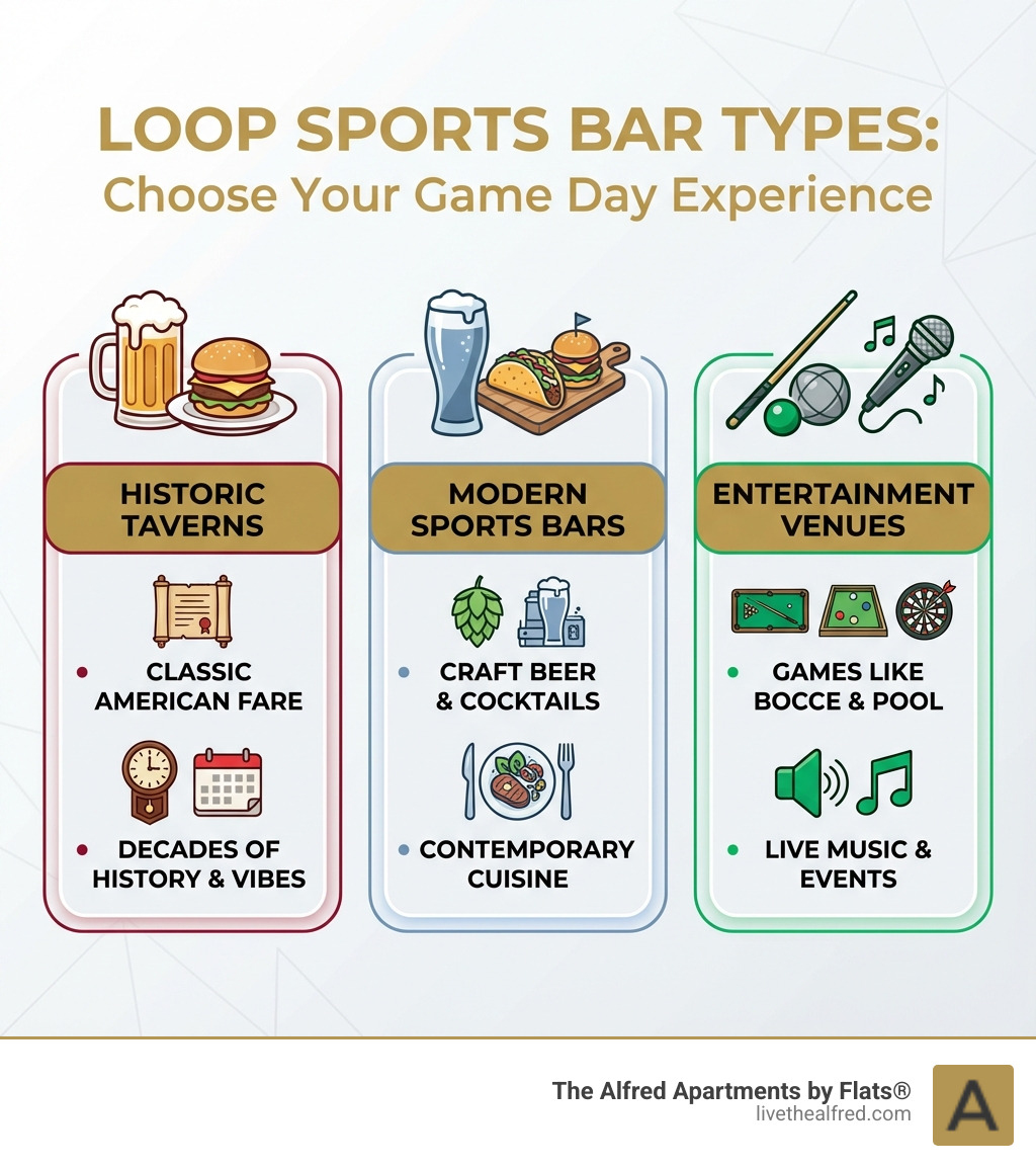 infographic showing Loop sports bar types: Historic Taverns with classic American fare and decades of history, Modern Sports Bars with craft beer and contemporary cuisine, Entertainment Venues with games like bocce and pool plus live music - best sports bars in the loop infographic infographic showing Loop sports bar types: Historic Taverns with classic American fare and decades of history, Modern Sports Bars with craft beer and contemporary cuisine, Entertainment Venues with games like bocce and pool plus live music - best sports bars in the loop infographic