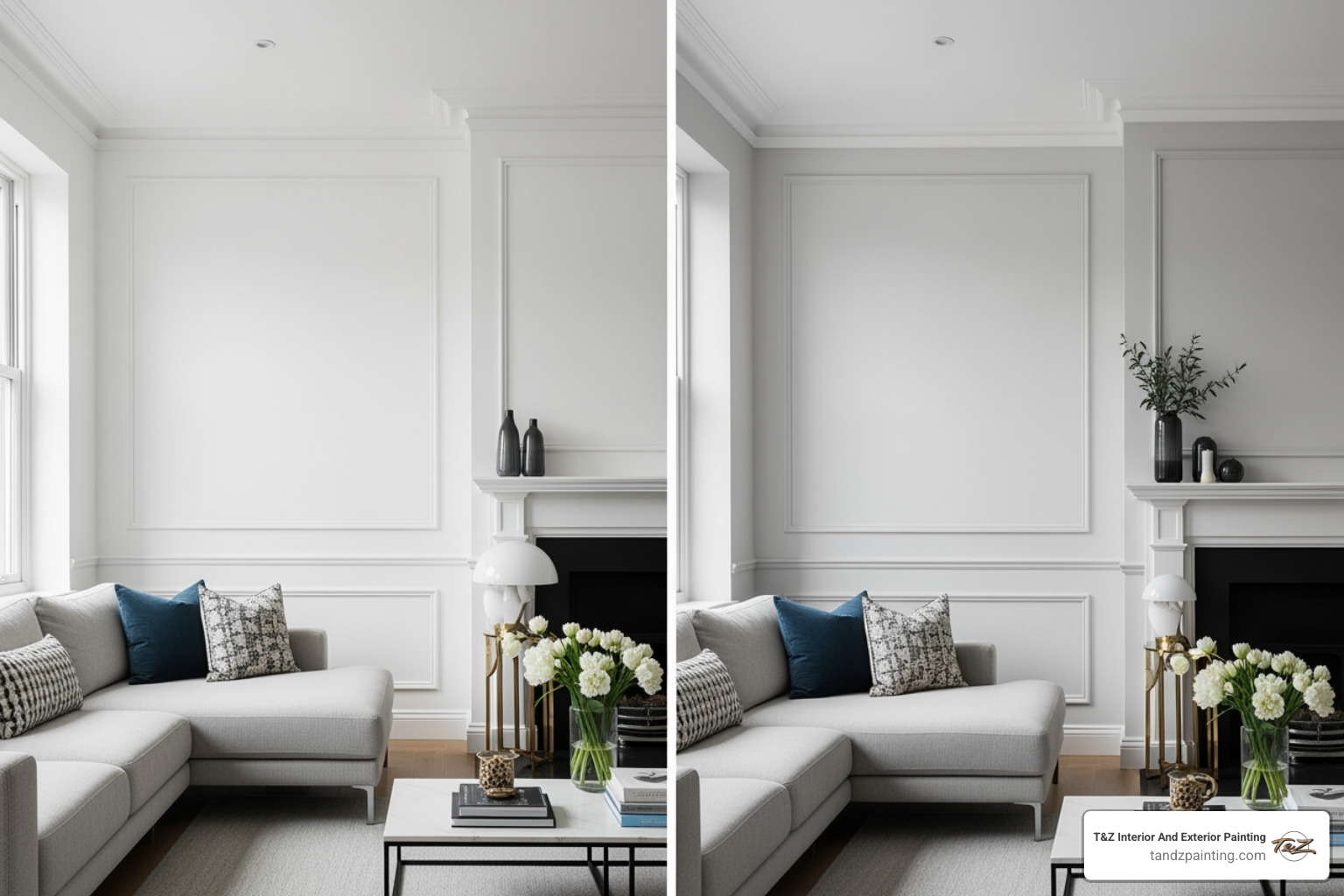 Room with crown molding painted the same color as the walls vs. a room with contrasting white molding - Crown molding painting Room with crown molding painted the same color as the walls vs. a room with contrasting white molding - Crown molding painting