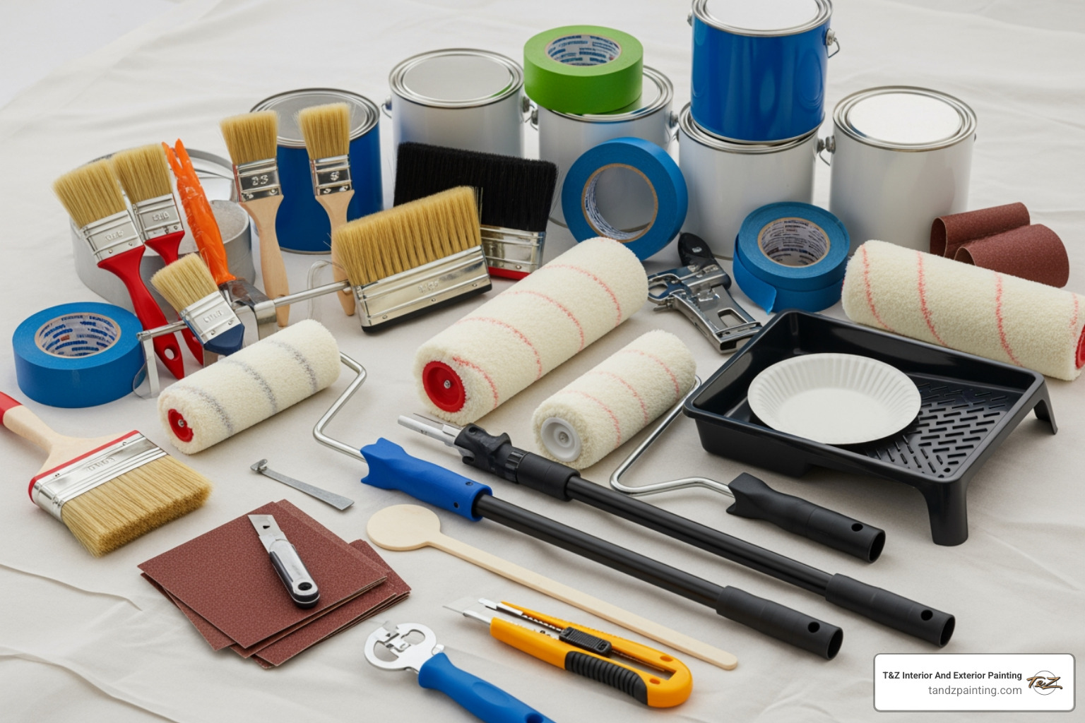 All necessary tools and materials neatly laid out on a drop cloth - Crown molding painting All necessary tools and materials neatly laid out on a drop cloth - Crown molding painting