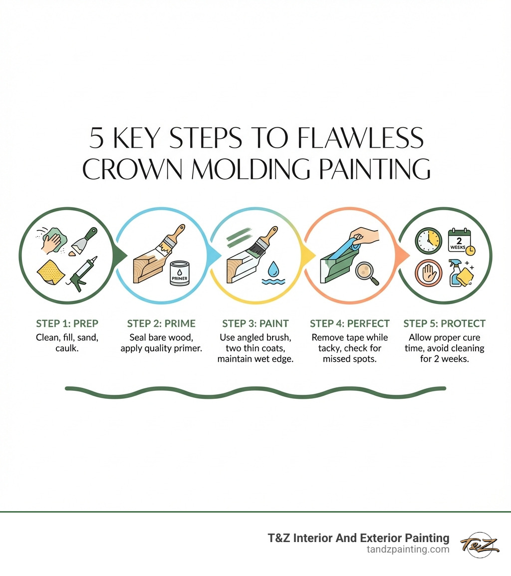 Infographic showing the 5 key steps for crown molding painting: Step 1 - Prep (clean, fill, sand, caulk), Step 2 - Prime (seal bare wood, apply quality primer), Step 3 - Paint (use angled brush, two thin coats, maintain wet edge), Step 4 - Perfect (remove tape while tacky, check for missed spots), Step 5 - Protect (allow proper cure time, avoid cleaning for 2 weeks) - Crown molding painting infographic Infographic showing the 5 key steps for crown molding painting: Step 1 - Prep (clean, fill, sand, caulk), Step 2 - Prime (seal bare wood, apply quality primer), Step 3 - Paint (use angled brush, two thin coats, maintain wet edge), Step 4 - Perfect (remove tape while tacky, check for missed spots), Step 5 - Protect (allow proper cure time, avoid cleaning for 2 weeks) - Crown molding painting infographic
