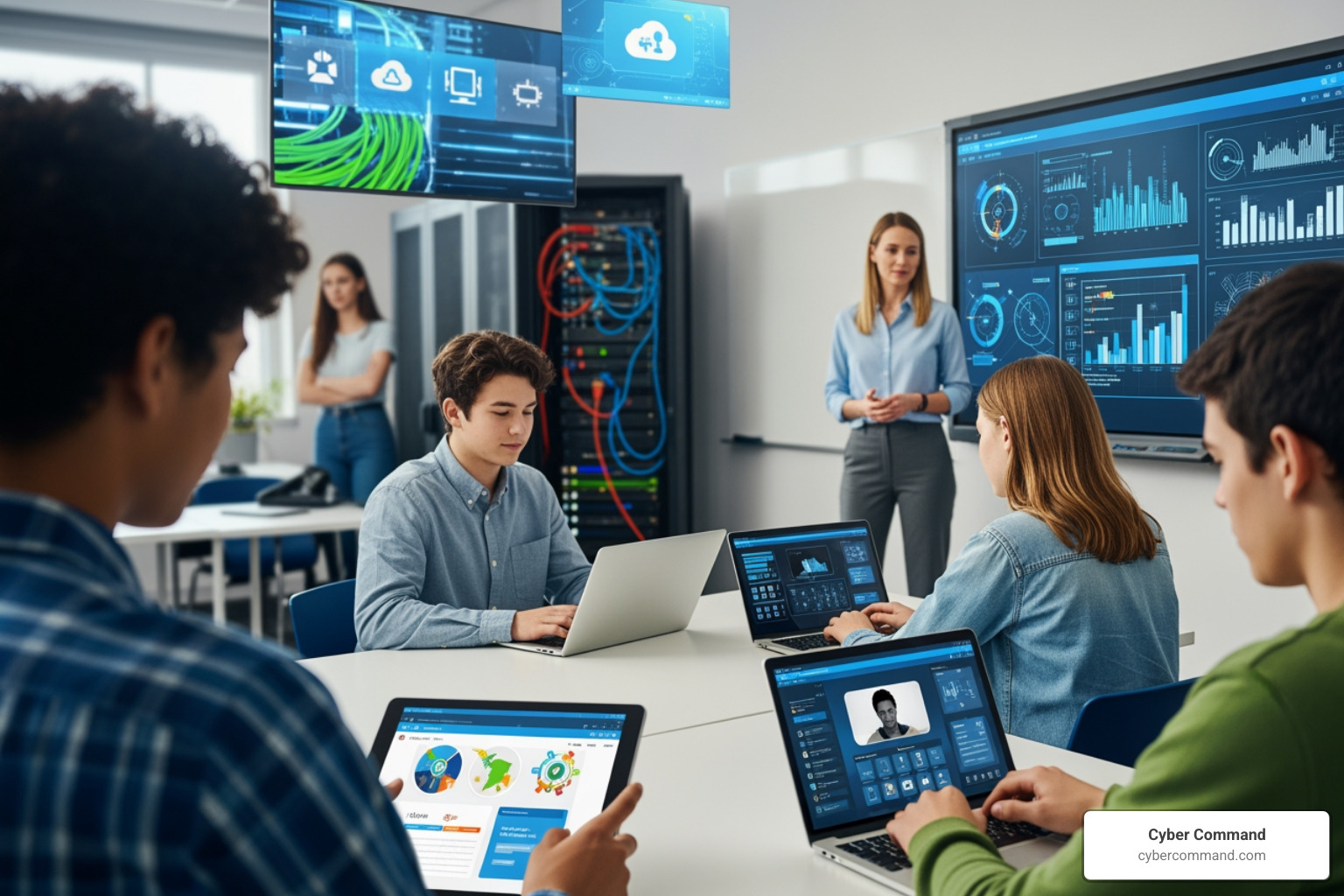 Overworked IT administrator in a server room contrasted with a seamless digital classroom experience - Education IT solutions