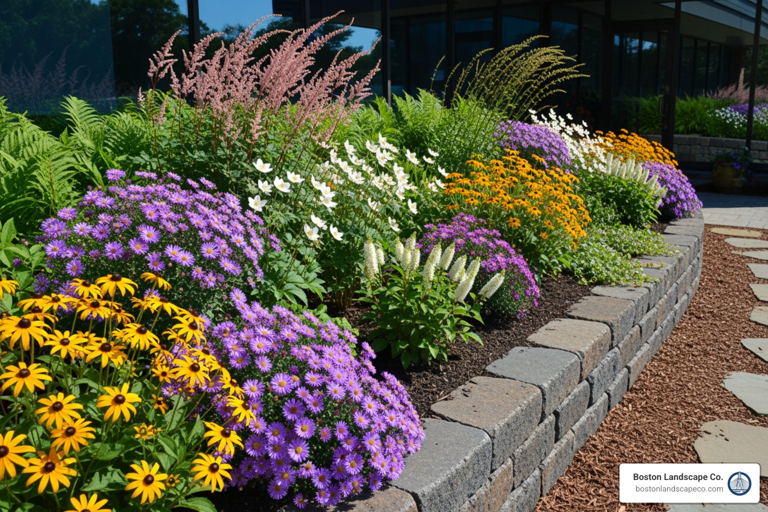 Native New England plants thriving in a commercial garden bed - Commercial Landscaping Bedford Massachusetts
