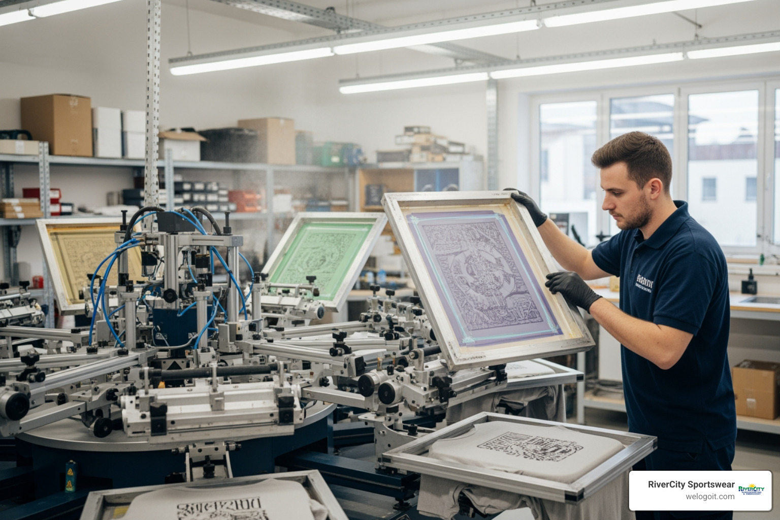 A technician meticulously setting up a screen on an automatic screen printing press - high volume screen printing