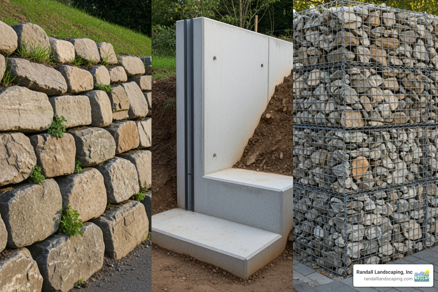 of a collage showing different types of retaining walls (gravity, cantilever, gabion) - retaining walls
