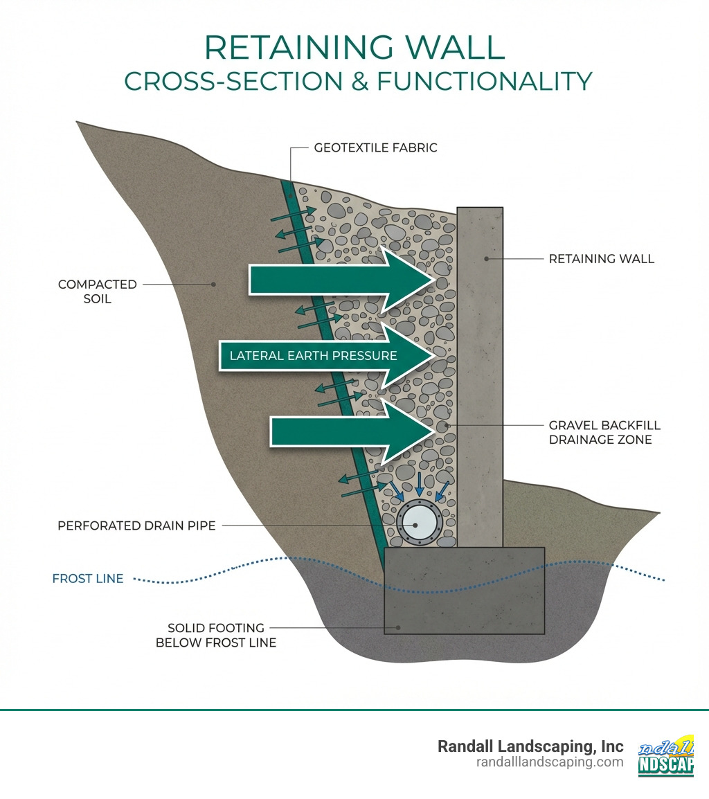 Infographic showing a cross-section of a retaining wall with labeled components: compacted soil behind wall, gravel backfill drainage zone, perforated drain pipe at base, geotextile fabric preventing soil migration, solid footing below frost line, and arrows indicating lateral earth pressure pushing against the wall - retaining walls infographic 
