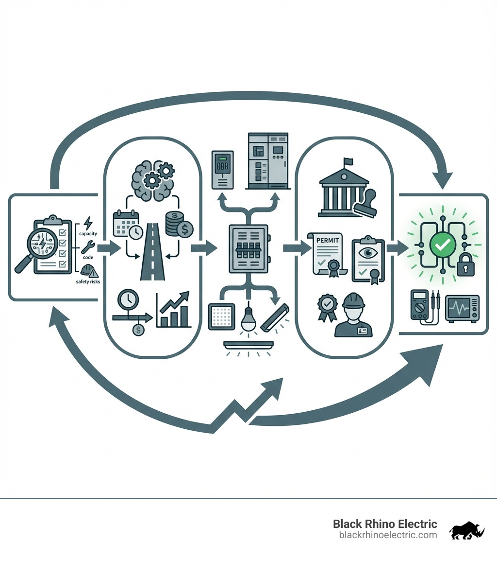 infographic showing the essential steps for commercial electrical upgrades: assessment phase with checklist, planning phase with budget and timeline, upgrade selection showing panel types and lighting options, compliance phase with permits and inspections, and completion phase with testing and verification - Commercial electrical upgrades infographic infographic showing the essential steps for commercial electrical upgrades: assessment phase with checklist, planning phase with budget and timeline, upgrade selection showing panel types and lighting options, compliance phase with permits and inspections, and completion phase with testing and verification - Commercial electrical upgrades infographic