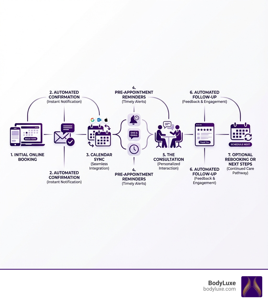 infographic showing the modern appointment scheduling workflow from initial online booking through automated confirmation, calendar sync, pre-appointment reminders, the consultation itself, automated follow-up, and optional rebooking or next steps - consultation and scheduling infographic 