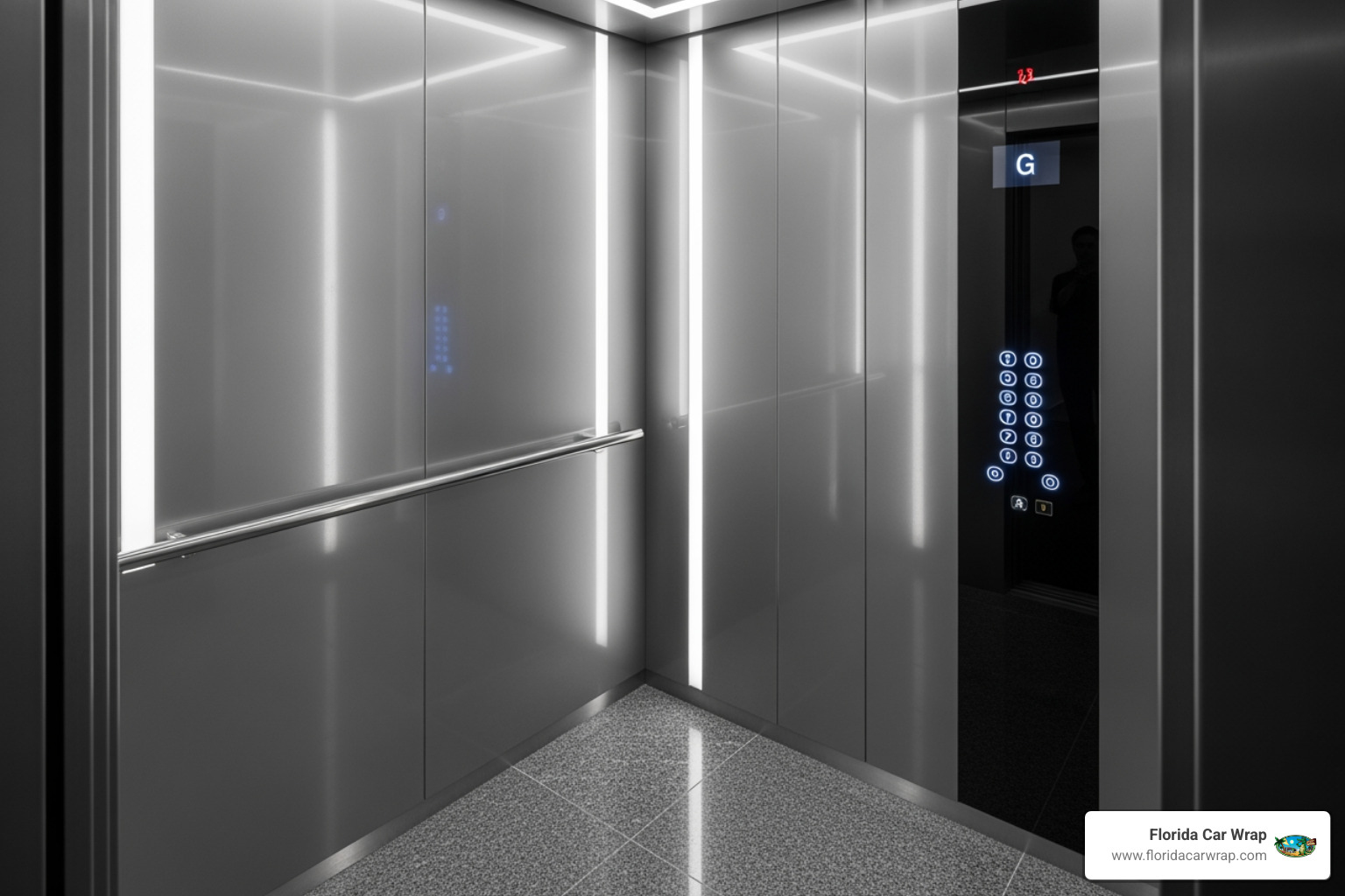 sleek elevator interior with architectural vinyl wrap - architectural vinyl wrap