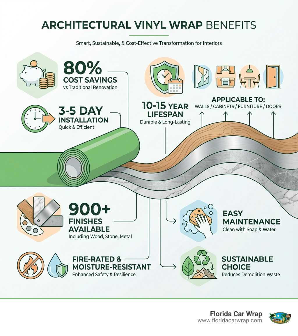 Infographic showing architectural vinyl wrap benefits: 80% cost savings vs traditional renovation, 10-15 year lifespan, 3-5 day installation, applicable to walls/cabinets/furniture/doors, available in 900+ finishes including wood/stone/metal, fire-rated and moisture-resistant, easy maintenance with soap and water, sustainable choice that reduces demolition waste - architectural vinyl wrap infographic 