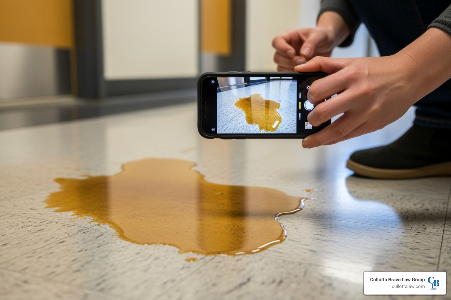 person taking photo of spill - aurora slip and fall accident lawyers