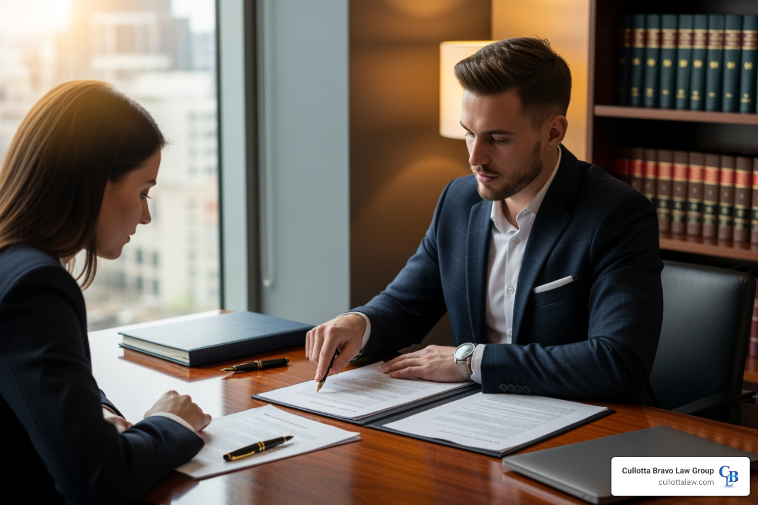 Lawyer reviewing documents with client - aurora slip and fall accident lawyers