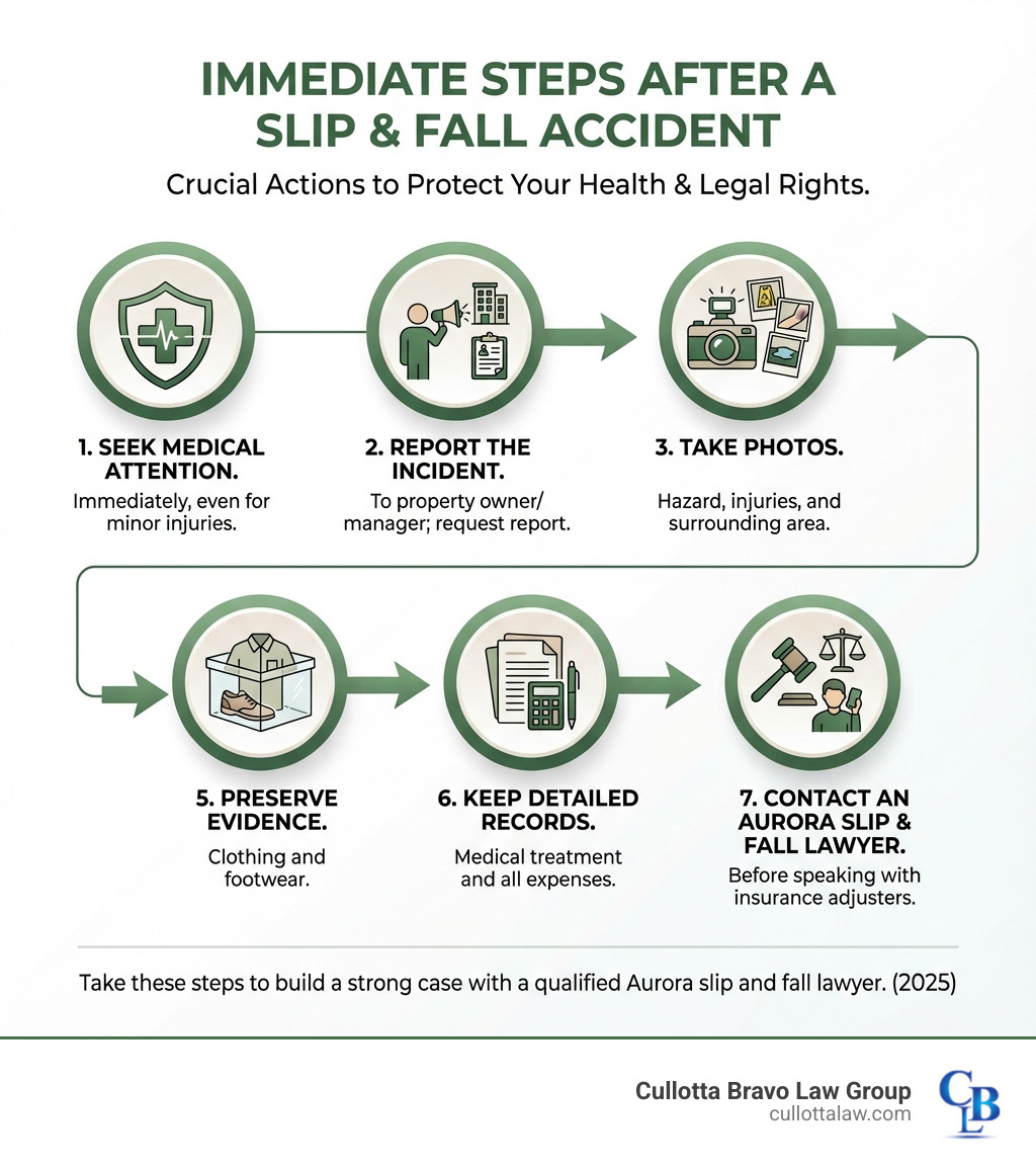 Infographic showing immediate steps after a slip and fall: 1. Seek medical attention immediately, even for minor injuries. 2. Report the incident to property owner or manager and request incident report. 3. Take photos of the hazard, your injuries, and surrounding area. 4. Collect witness names and contact information. 5. Preserve clothing and footwear as evidence. 6. Keep detailed records of all medical treatment and expenses. 7. Contact an experienced Aurora slip and fall lawyer before speaking with insurance adjusters. - aurora slip and fall accident lawyers infographic 