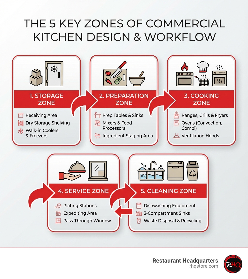 Infographic showing the 5 key zones of a commercial kitchen: Storage Zone (receiving, dry storage, walk-in coolers and freezers), Preparation Zone (prep tables, mixers, food processors, ingredient staging), Cooking Zone (ranges, grills, fryers, ovens, ventilation hoods), Service Zone (plating stations, expediting area, pass-through window), and Cleaning Zone (dishwashing equipment, 3-compartment sinks, waste disposal). Arrows indicate the logical flow from receiving through service. - Restaurant kitchen design infographic Infographic showing the 5 key zones of a commercial kitchen: Storage Zone (receiving, dry storage, walk-in coolers and freezers), Preparation Zone (prep tables, mixers, food processors, ingredient staging), Cooking Zone (ranges, grills, fryers, ovens, ventilation hoods), Service Zone (plating stations, expediting area, pass-through window), and Cleaning Zone (dishwashing equipment, 3-compartment sinks, waste disposal). Arrows indicate the logical flow from receiving through service. - Restaurant kitchen design infographic