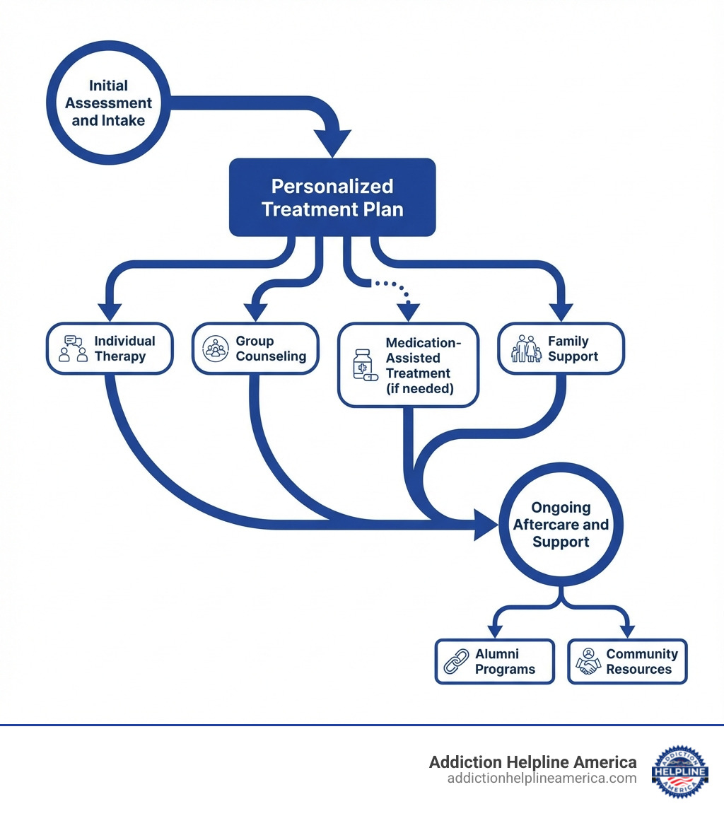 Infographic showing the outpatient rehab journey: Initial Assessment and Intake leads to Personalized Treatment Plan, which branches into Individual Therapy, Group Counseling, Medication-Assisted Treatment (if needed), and Family Support, all leading to Ongoing Aftercare and Support with connection to Alumni Programs and Community Resources - outpatient rehab Richmond VA infographic Infographic showing the outpatient rehab journey: Initial Assessment and Intake leads to Personalized Treatment Plan, which branches into Individual Therapy, Group Counseling, Medication-Assisted Treatment (if needed), and Family Support, all leading to Ongoing Aftercare and Support with connection to Alumni Programs and Community Resources - outpatient rehab Richmond VA infographic