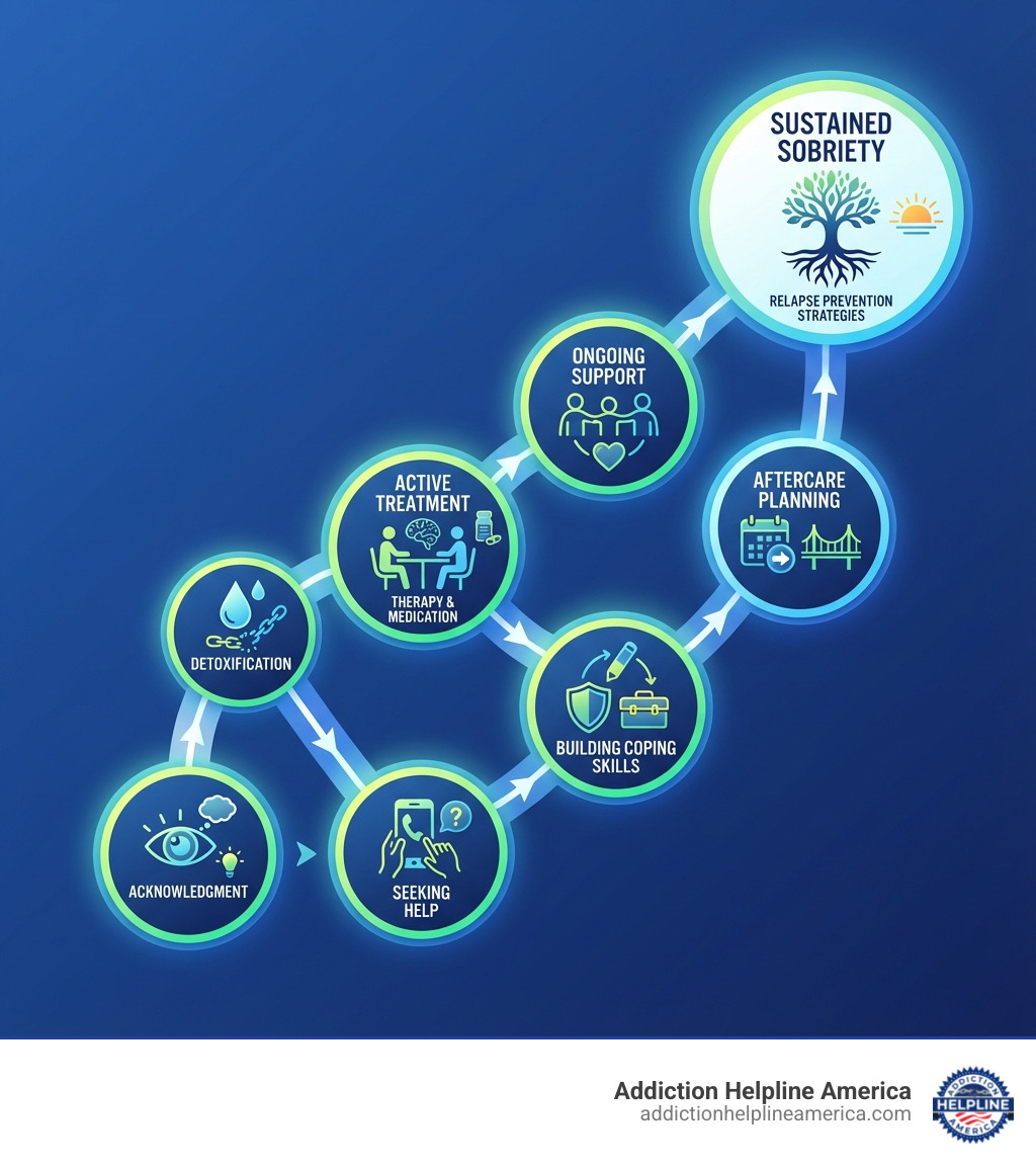infographic showing the stages of recovery: acknowledgment of the problem, seeking help, detoxification, active treatment including therapy and medication, building coping skills, aftercare planning, ongoing support, and sustained sobriety with relapse prevention strategies - Substance abuse treatment infographic infographic showing the stages of recovery: acknowledgment of the problem, seeking help, detoxification, active treatment including therapy and medication, building coping skills, aftercare planning, ongoing support, and sustained sobriety with relapse prevention strategies - Substance abuse treatment infographic