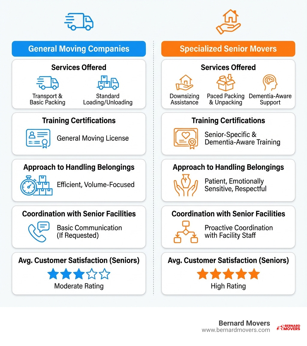 infographic showing comparison between general moving companies and specialized senior movers, including services offered, training certifications, approach to handling belongings, coordination with senior facilities, and average customer satisfaction ratings for seniors - Movers for seniors infographic 
