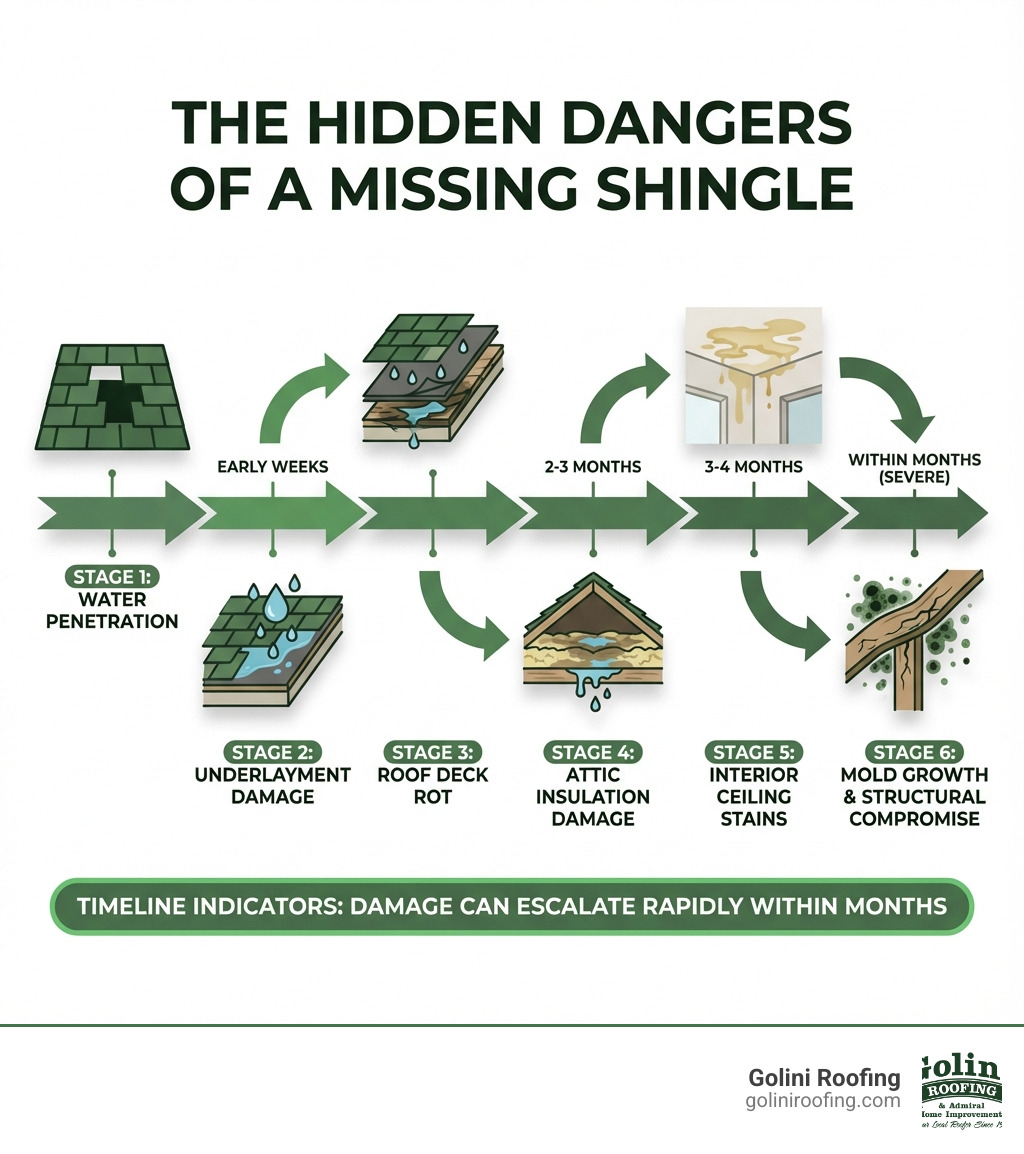 infographic showing the progression of damage from a missing shingle: first water penetration, then underlayment damage, followed by roof deck rot, attic insulation damage, interior ceiling stains, and finally mold growth and structural compromise, with timeline indicators showing this can happen within months - how to fix missing shingles on roof infographic infographic showing the progression of damage from a missing shingle: first water penetration, then underlayment damage, followed by roof deck rot, attic insulation damage, interior ceiling stains, and finally mold growth and structural compromise, with timeline indicators showing this can happen within months - how to fix missing shingles on roof infographic