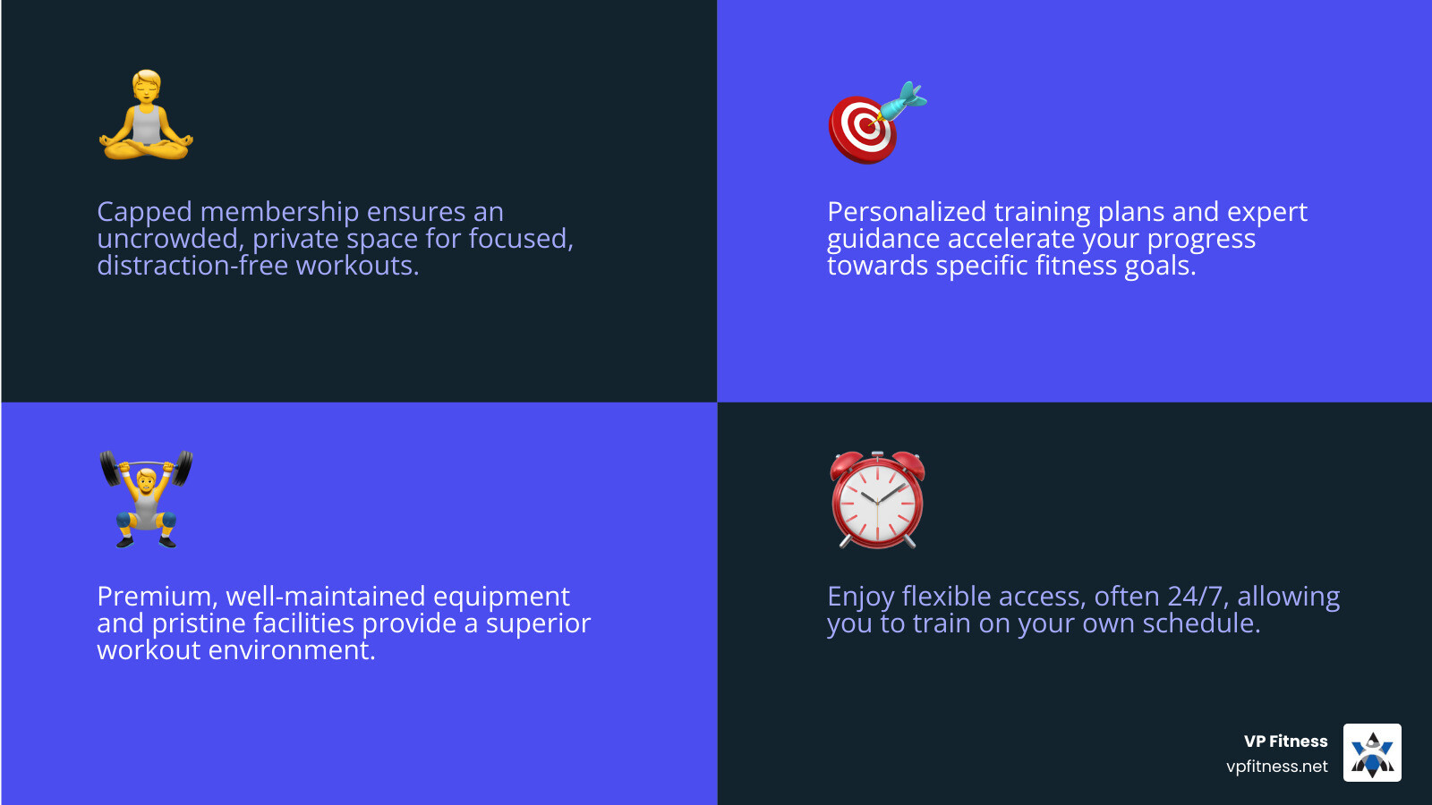 Infographic showing the key benefits of private gyms: capped membership for an uncrowded space, personalized training plans tailored to your goals, premium equipment and amenities, flexible access hours including 24/7 options, expert guidance from certified trainers, accountability and motivation support, clean and professional environment, and a supportive community atmosphere - private gym infographic 4_facts_emoji_blue Infographic showing the key benefits of private gyms: capped membership for an uncrowded space, personalized training plans tailored to your goals, premium equipment and amenities, flexible access hours including 24/7 options, expert guidance from certified trainers, accountability and motivation support, clean and professional environment, and a supportive community atmosphere - private gym infographic 4_facts_emoji_blue