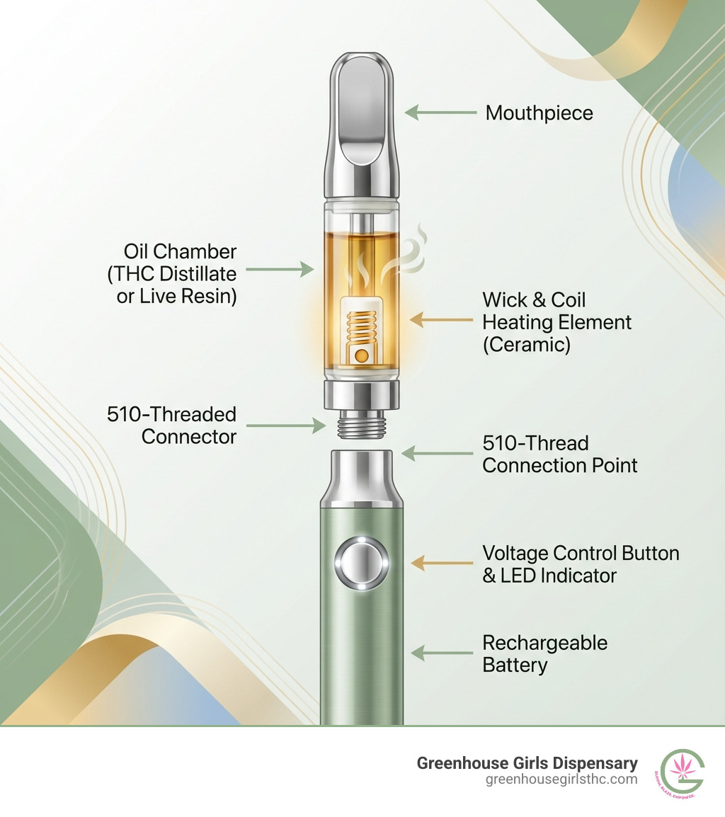 Infographic showing the anatomy of a 510-thread THC vape cart system, including the glass cartridge chamber with cannabis oil, ceramic heating coil, 510-thread connection point, and compatible battery with voltage control button. Labels indicate key components: mouthpiece, oil chamber with THC distillate or live resin, wick and coil heating element, threaded connector, and rechargeable battery with LED indicator. - thc cart infographic 