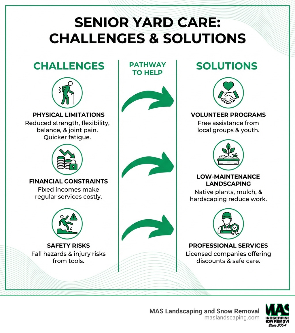 infographic showing senior yard care challenges including physical limitations, financial constraints, and safety risks with corresponding solutions of volunteer programs, low-maintenance landscaping, and professional services - yard cleanup for seniors infographic infographic showing senior yard care challenges including physical limitations, financial constraints, and safety risks with corresponding solutions of volunteer programs, low-maintenance landscaping, and professional services - yard cleanup for seniors infographic