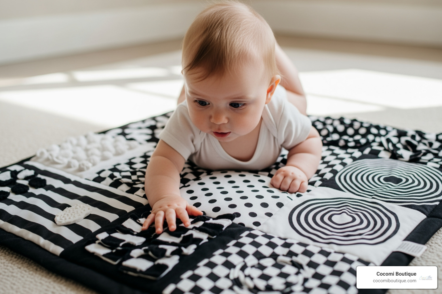 baby on a sensory play mat with high-contrast patterns - Unique baby gifts