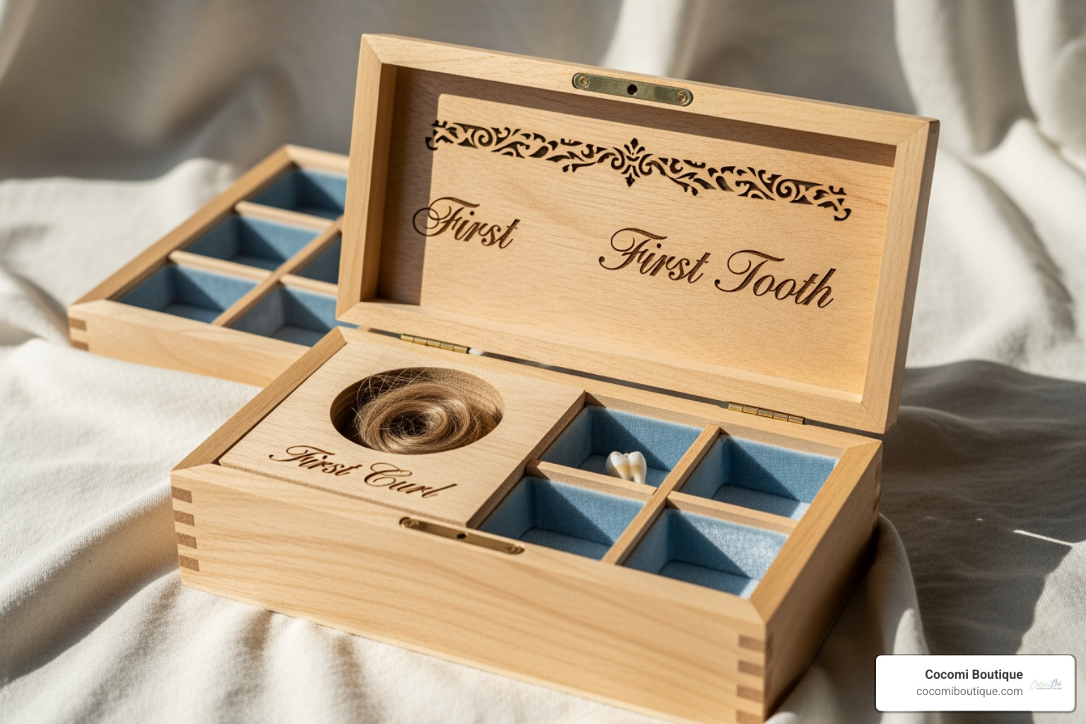 personalized baby keepsake box with a first curl and tooth holder - Unique baby gifts