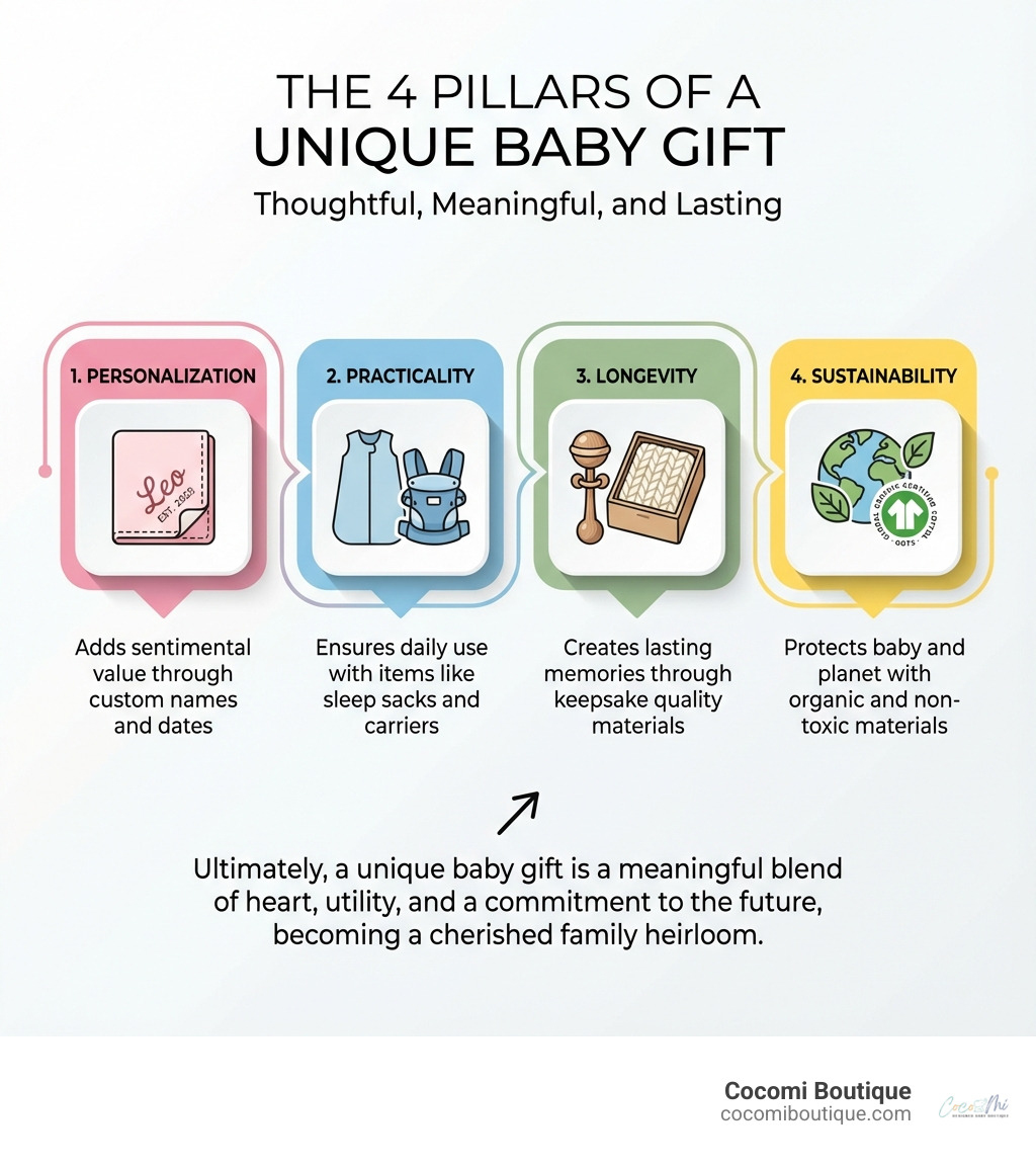 Infographic showing the 4 pillars of a unique baby gift: Personalization adds sentimental value through custom names and dates; Practicality ensures daily use with items like sleep sacks and carriers; Longevity creates lasting memories through keepsake quality materials; Sustainability protects baby and planet with organic and non-toxic materials - Unique baby gifts infographic 