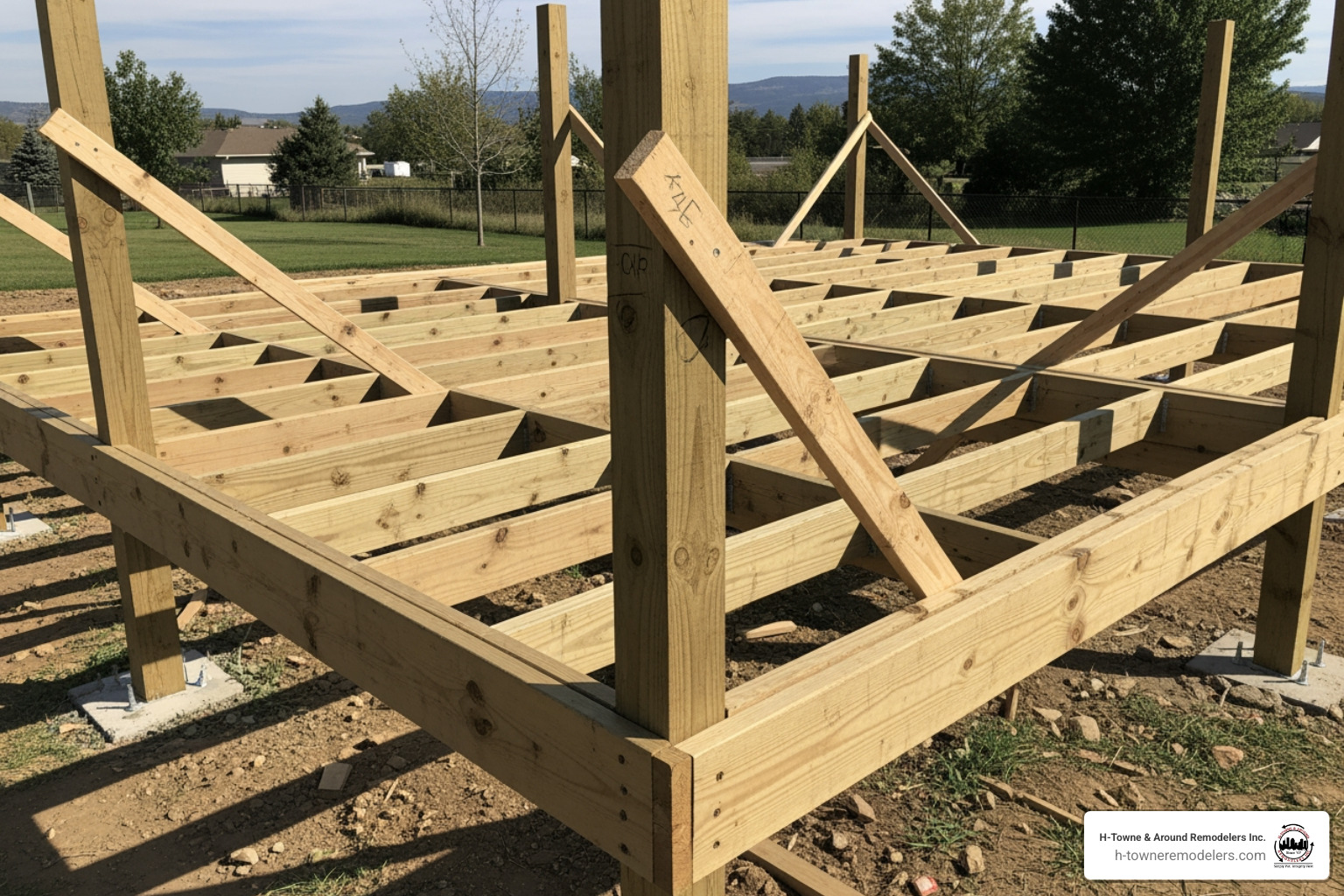 deck frame under construction, showing the support structure - deck builder houston