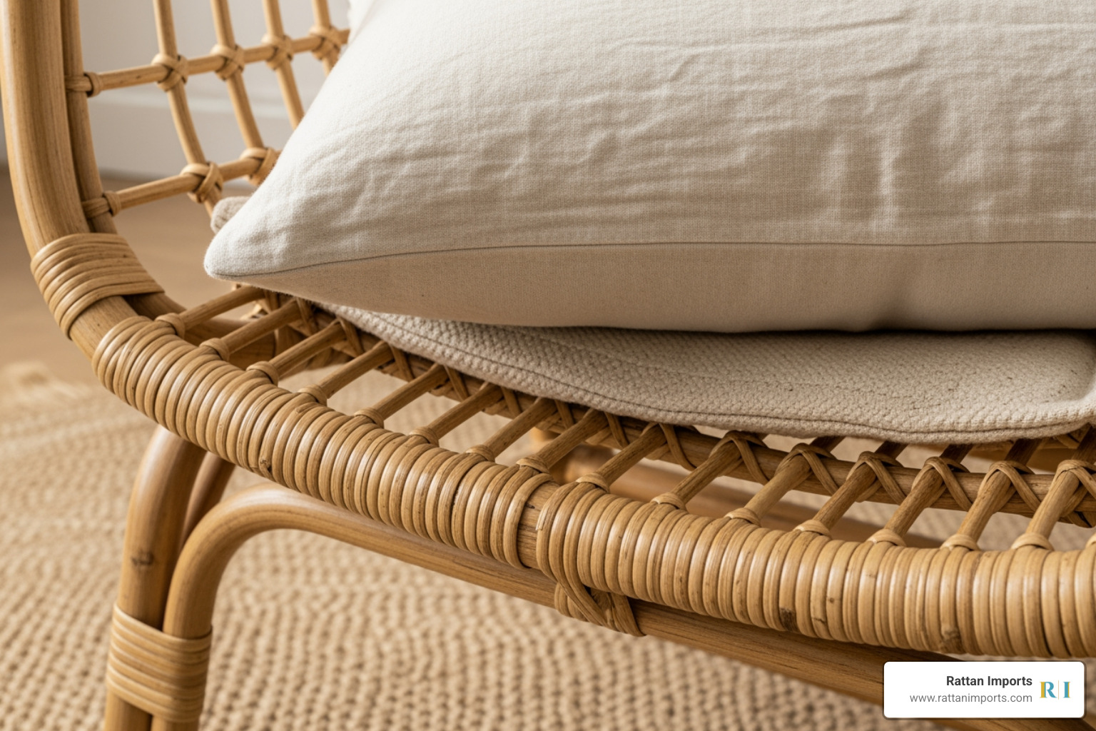 close-up shot showing layered textures like a linen pillow on a rattan chair with a jute rug below - Chic coastal living