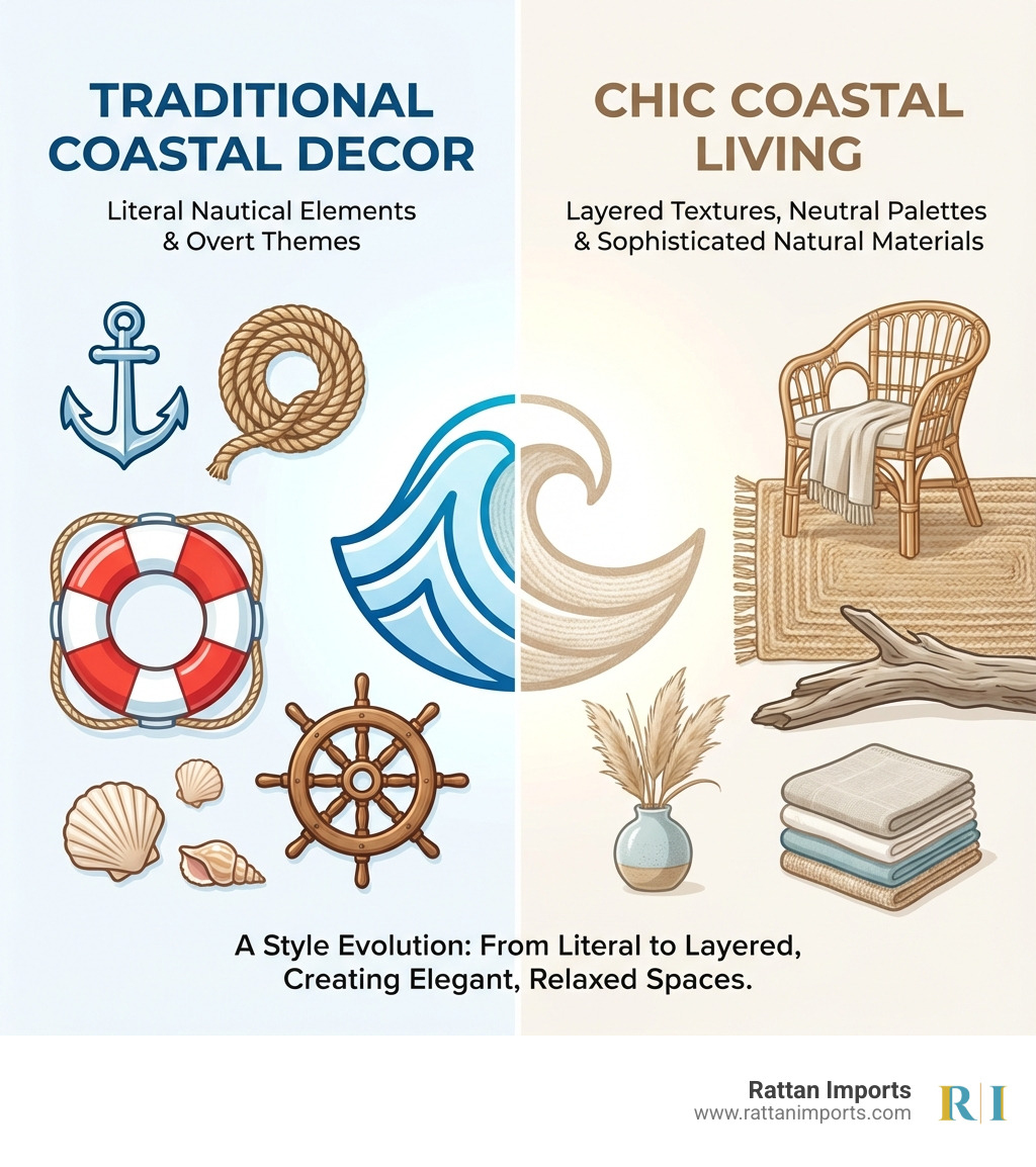infographic showing Traditional Coastal Decor with literal nautical elements like anchors and rope versus Chic Coastal Living with layered textures, neutral palettes, and sophisticated natural materials - Chic coastal living infographic 