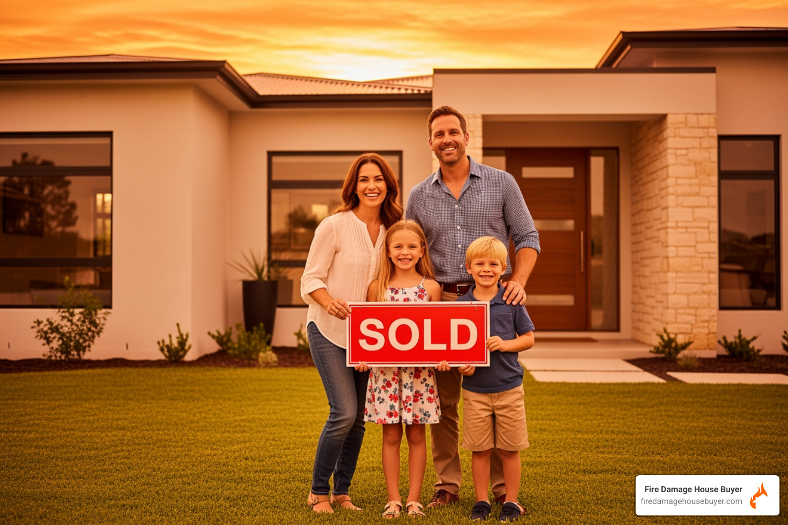 A happy family holding a "Sold" sign in front of a new, undamaged home. - fire public adjuster A happy family holding a "Sold" sign in front of a new, undamaged home. - fire public adjuster