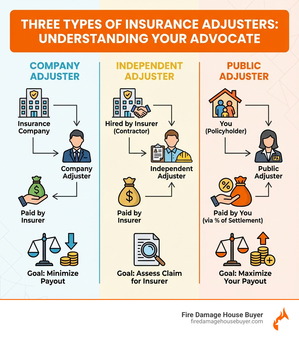 Infographic showing three types of insurance adjusters: Company Adjuster x Independent Adjuster x Public Adjuster - fire public adjuster Infographic showing three types of insurance adjusters: Company Adjuster x Independent Adjuster x Public Adjuster - fire public adjuster