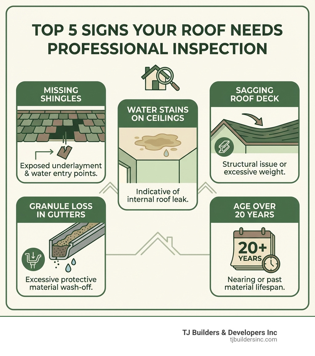 infographic showing the top 5 signs your roof needs professional inspection including missing shingles, granule loss in gutters, water stains on ceilings, sagging roof deck, and age over 20 years - roofers in Lakewood IL infographic 