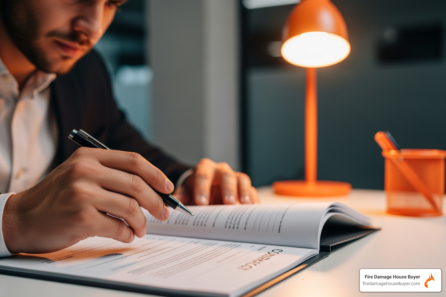 A person reviewing a contract with a pen, emphasizing the importance of careful examination. - fire public adjuster A person reviewing a contract with a pen, emphasizing the importance of careful examination. - fire public adjuster