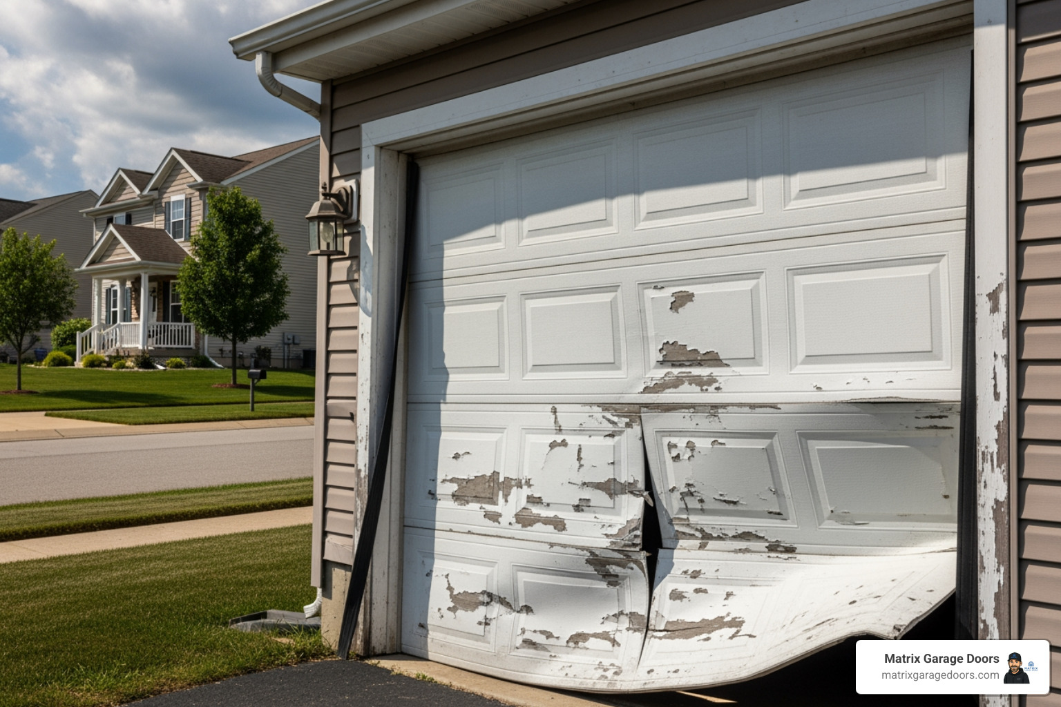 A close-up image of a broken torsion spring located above a garage door, showing a clear gap in the coiled metal - garage door stuck closed A close-up image of a broken torsion spring located above a garage door, showing a clear gap in the coiled metal - garage door stuck closed
