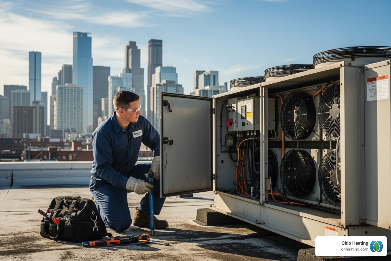 Technician professionally servicing a commercial furnace - HVAC preventative maintenance plan Technician professionally servicing a commercial furnace - HVAC preventative maintenance plan