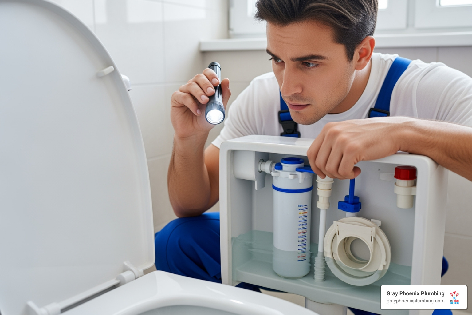 image of a plumber inspecting the inside of a toilet tank - toilet repair denver co