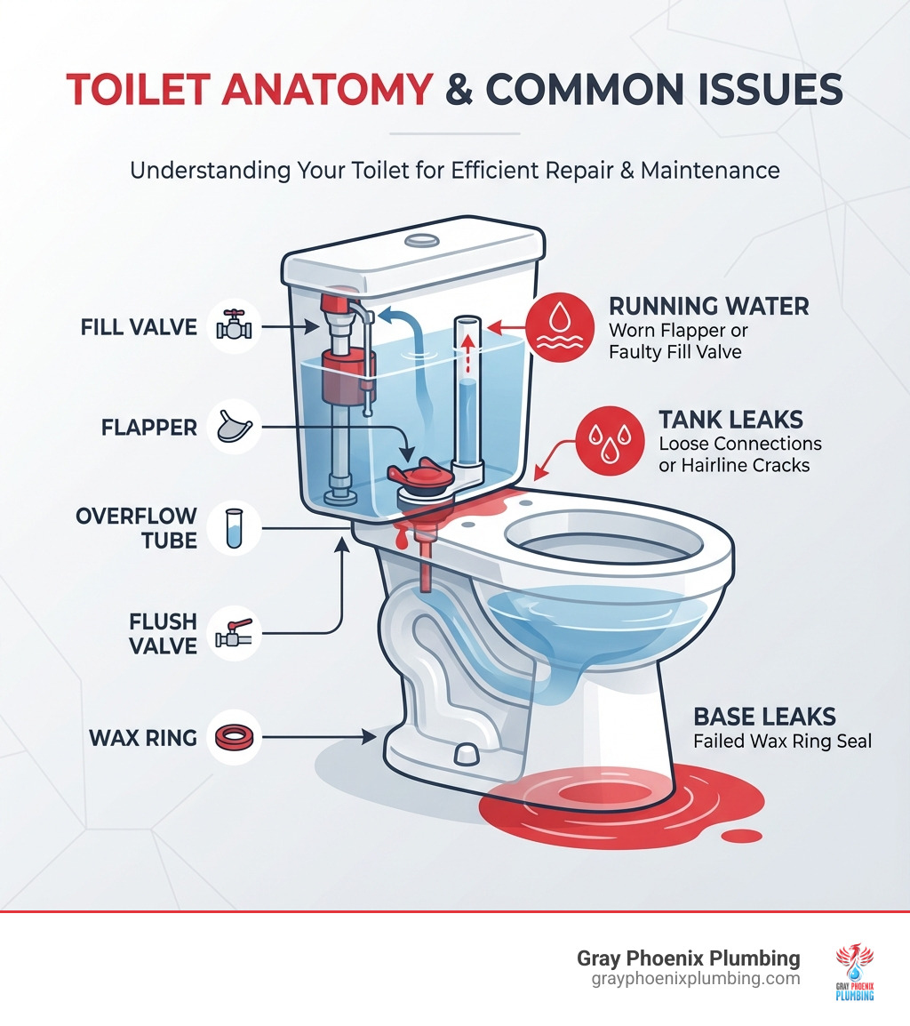 Infographic showing toilet anatomy with labeled parts including fill valve, flapper, overflow tube, flush valve, wax ring, and common problem areas like tank leaks, base leaks, and running water issues - toilet repair denver co infographic 