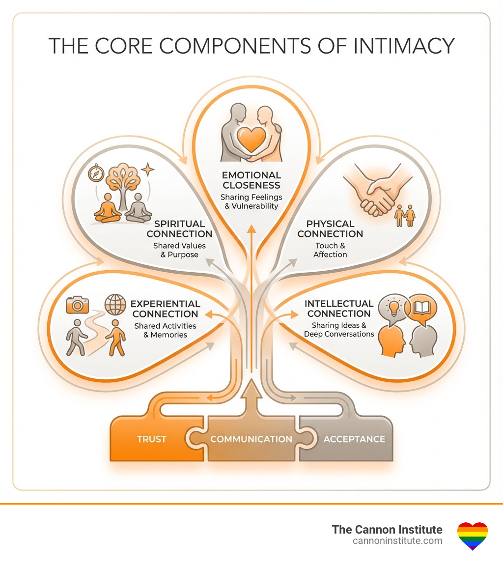 Infographic showing the core components of intimacy: emotional closeness through sharing feelings and vulnerability, physical connection through touch and affection, intellectual connection through sharing ideas and deep conversations, experiential connection through shared activities and memories, and spiritual connection through shared values and purpose, all built on a foundation of trust, communication, and acceptance - what is intimacy infographic 