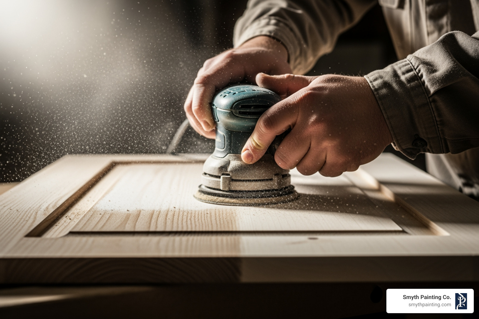 cabinet door being sanded - cabinet refinishing painting