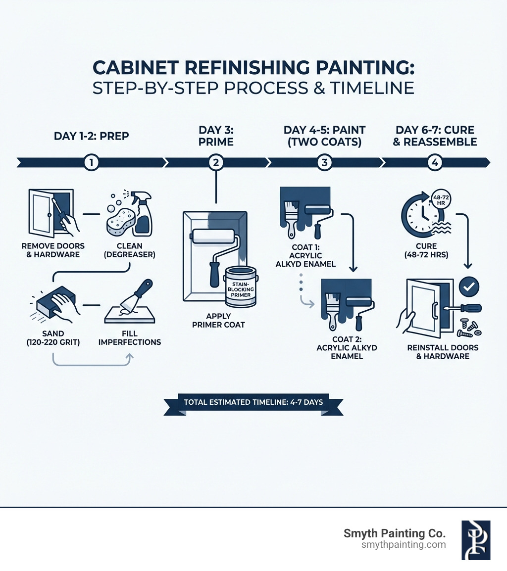 infographic showing the step-by-step cabinet refinishing painting process with timeline: Day 1-2 Prep (remove doors, clean, sand, fill), Day 3 Prime, Day 4-5 Paint (two coats), Day 6-7 Cure and Reassemble - cabinet refinishing painting infographic 