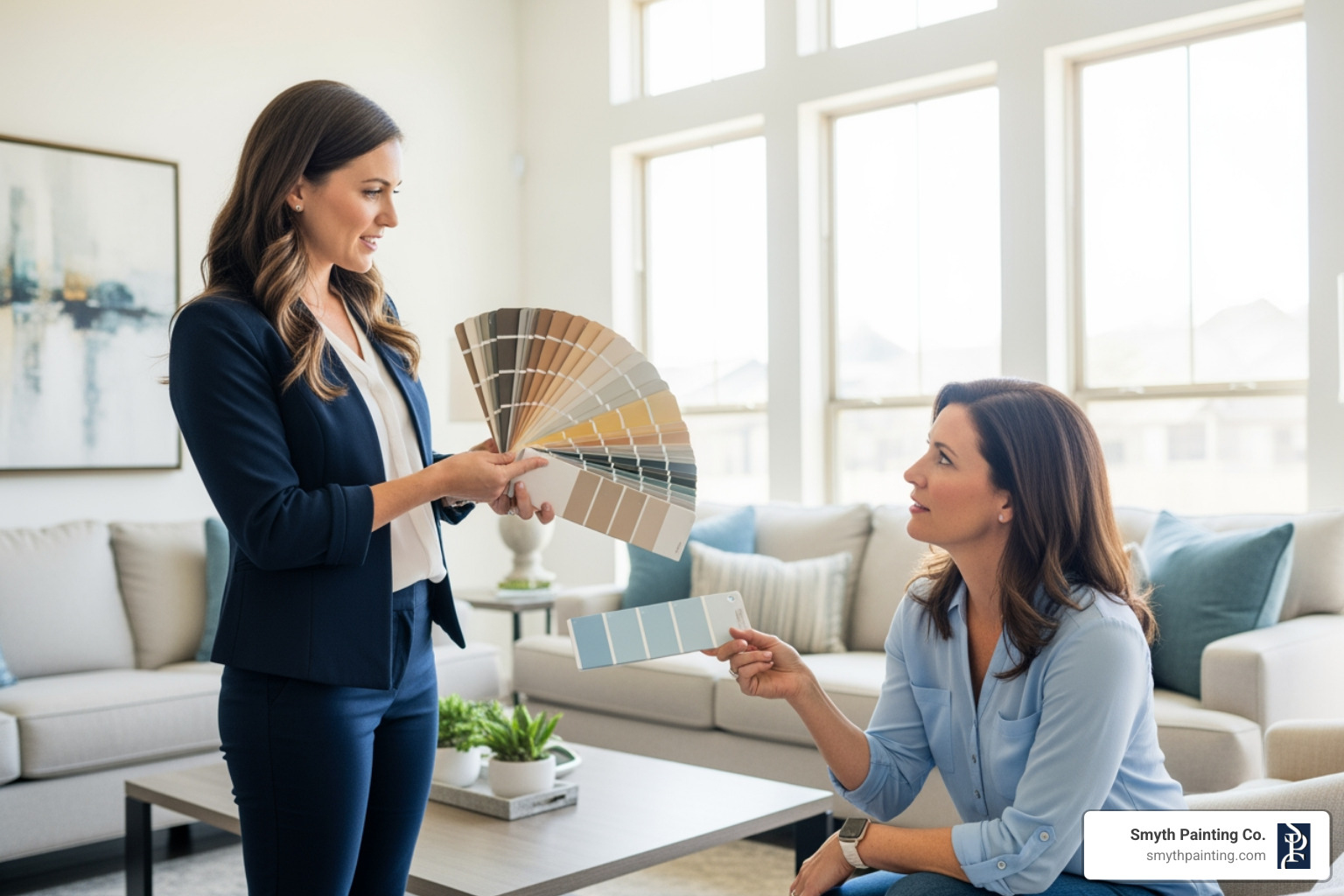 Color consultant reviewing large paint samples with a client - color consultation services Color consultant reviewing large paint samples with a client - color consultation services