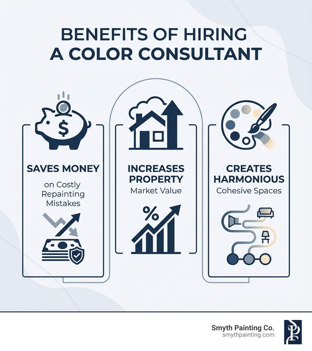 Infographic showing three main benefits of hiring a color consultant: a piggy bank icon representing 'Saves Money on Costly Repainting Mistakes', a house with upward arrow representing 'Increases Property Market Value', and a palette icon representing 'Creates Harmonious Cohesive Spaces' - color consultation services infographic Infographic showing three main benefits of hiring a color consultant: a piggy bank icon representing 'Saves Money on Costly Repainting Mistakes', a house with upward arrow representing 'Increases Property Market Value', and a palette icon representing 'Creates Harmonious Cohesive Spaces' - color consultation services infographic