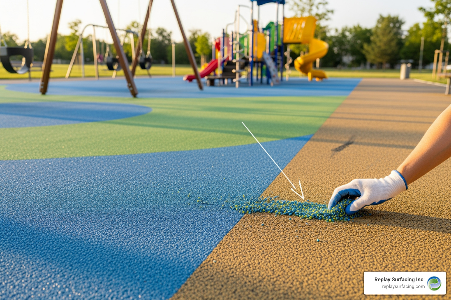 A side-by-side comparison of a seamless poured-in-place surface and a playground with interlocking rubber tiles - rubber surfacing cost A side-by-side comparison of a seamless poured-in-place surface and a playground with interlocking rubber tiles - rubber surfacing cost