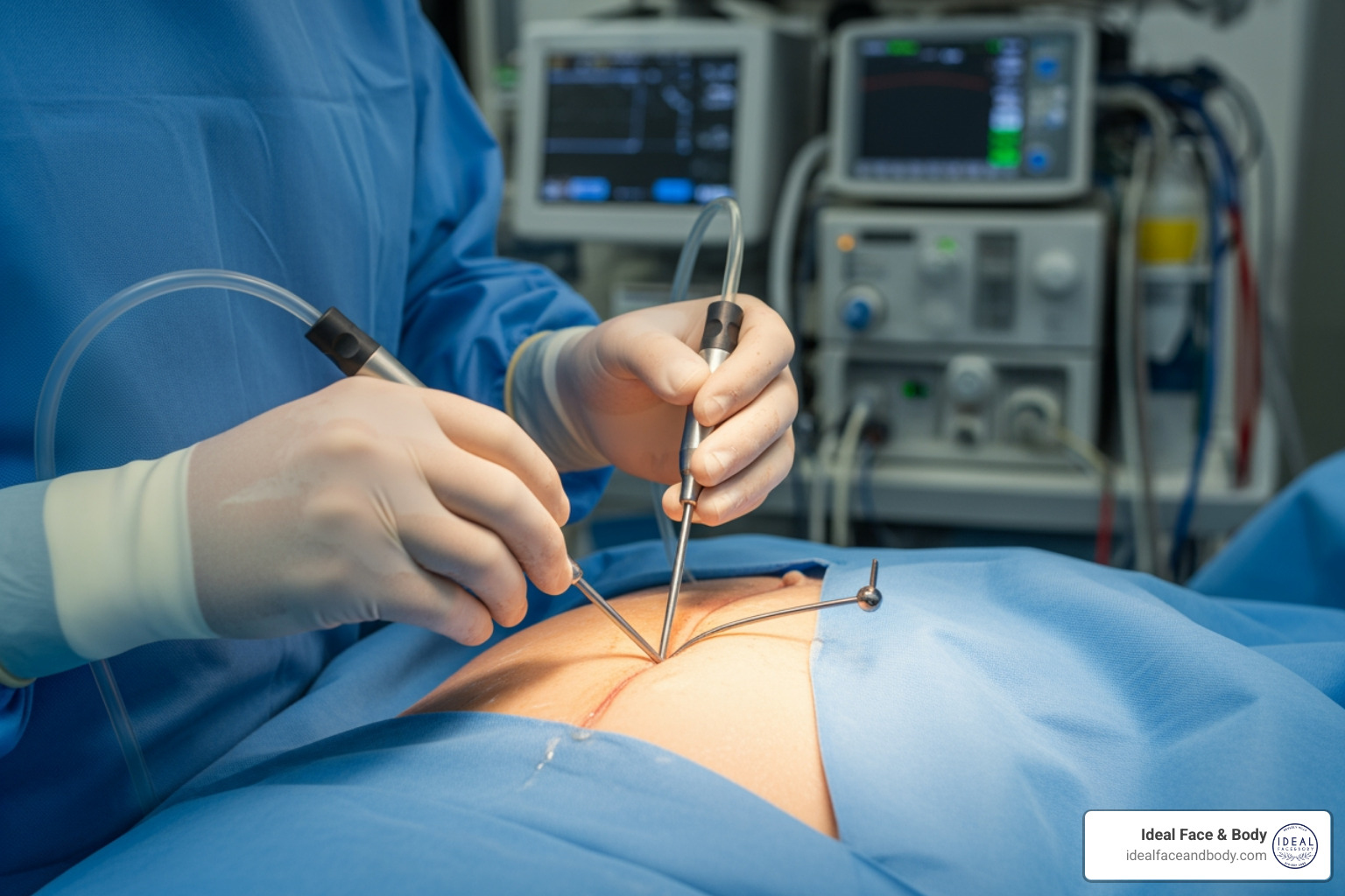 A surgeon's hands meticulously performing a modern liposuction technique, with advanced equipment visible in the background - Liposuction Cost Beverly Hills A surgeon's hands meticulously performing a modern liposuction technique, with advanced equipment visible in the background - Liposuction Cost Beverly Hills