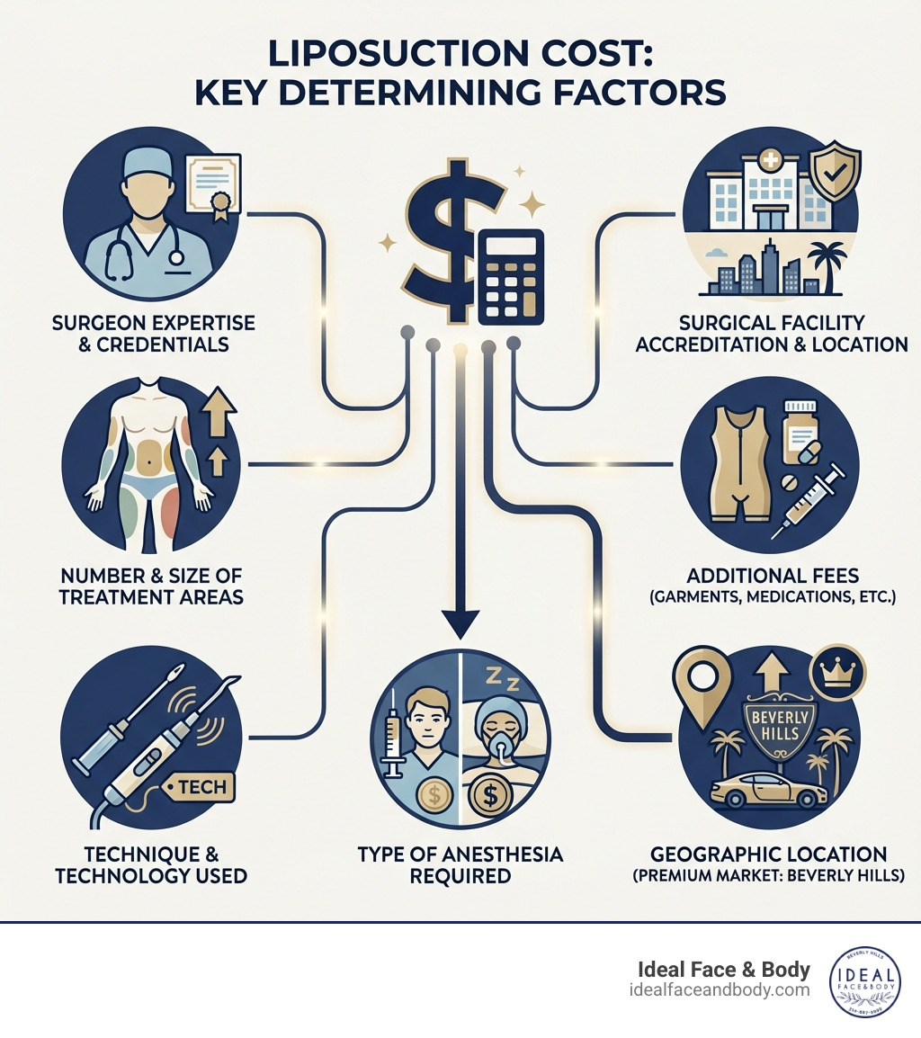 Infographic showing the main factors that determine liposuction cost: surgeon expertise and credentials, number and size of treatment areas, liposuction technique and technology used, type of anesthesia required, surgical facility accreditation and location, additional fees for garments and medications, and geographic location with Beverly Hills as a premium market - Liposuction Cost Beverly Hills infographic Infographic showing the main factors that determine liposuction cost: surgeon expertise and credentials, number and size of treatment areas, liposuction technique and technology used, type of anesthesia required, surgical facility accreditation and location, additional fees for garments and medications, and geographic location with Beverly Hills as a premium market - Liposuction Cost Beverly Hills infographic