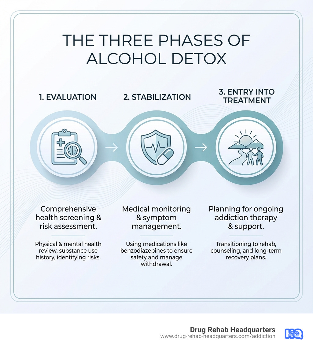 Infographic showing the three phases of alcohol detox: Evaluation (comprehensive health screening and risk assessment), Stabilization (medical monitoring and symptom management with medications like benzodiazepines), and Entry into Treatment (planning for ongoing addiction therapy and support) - alcohol detox center infographic 